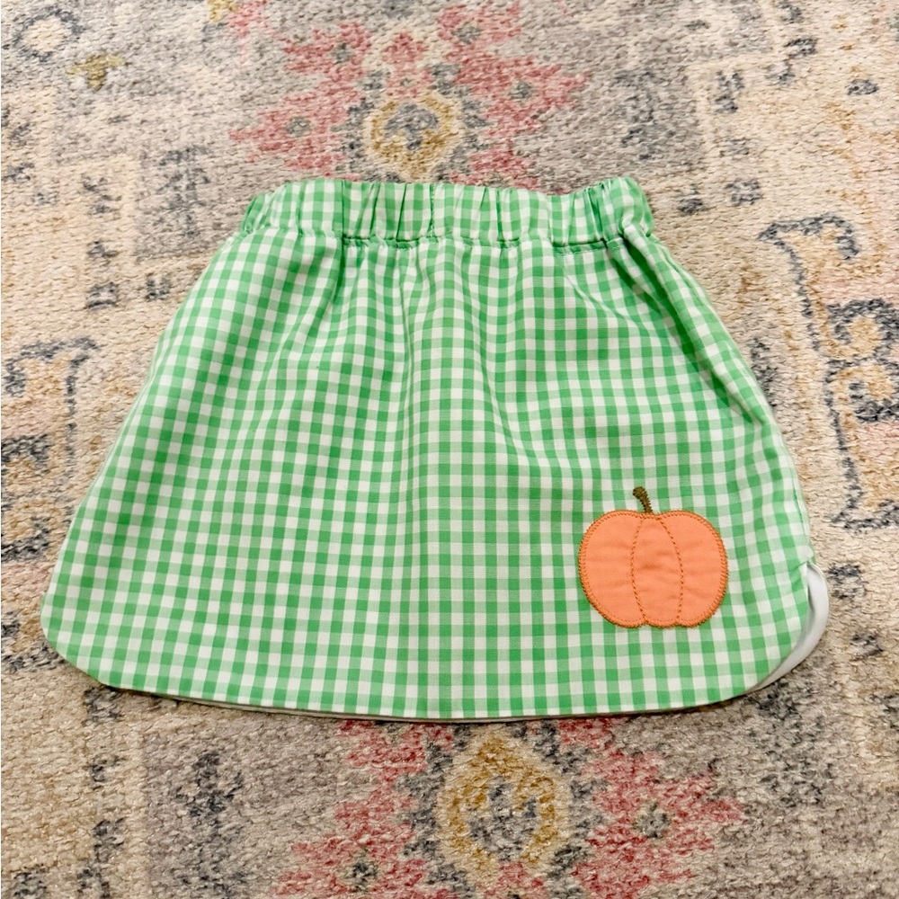 The Beaufort Bonnet Company Green Gingham Skirt with Orange Pumpkin
